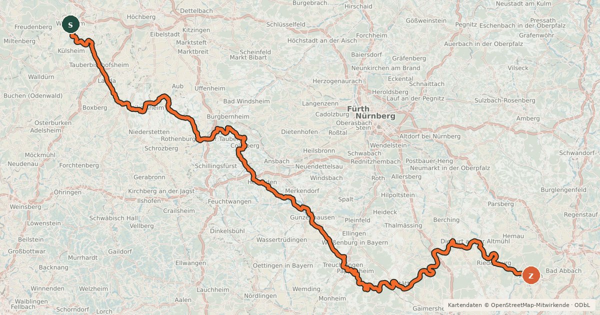 Kartenübersicht der Radroute Tauber-Altmühl-Radweg