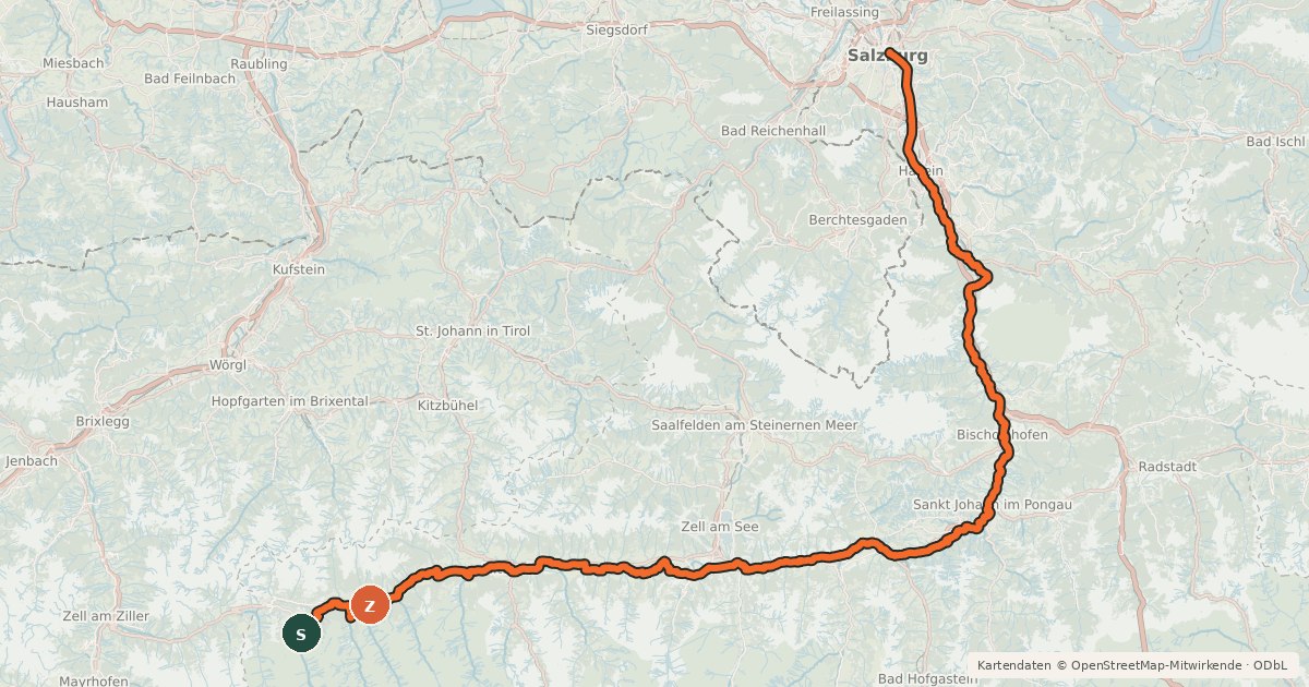 Kartenübersicht der Radroute Tauernradweg, Etappe Salzburg - Krimml