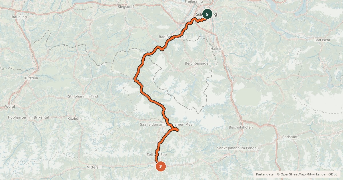 Kartenübersicht der Radroute Tauernradweg, Etappe Salzburg - Zell am See