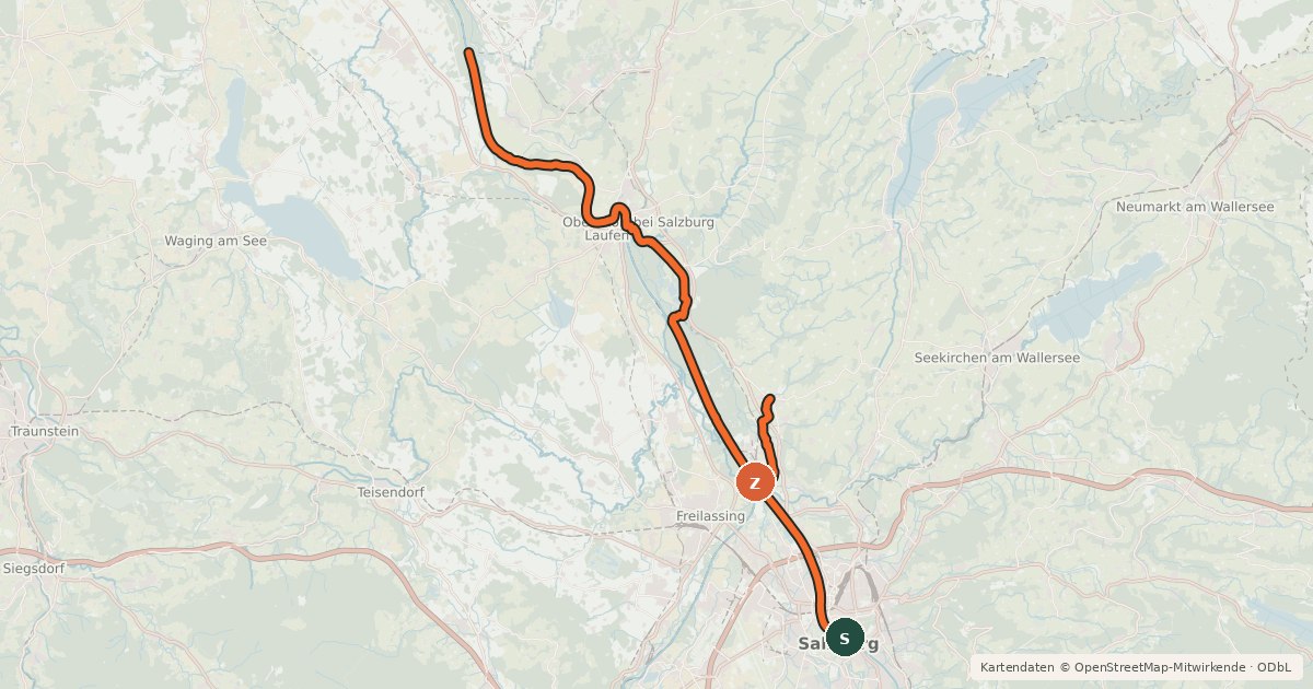 Kartenübersicht der Radroute Tauernradweg (Stadt Salzburg - Landesgrenze Oberösterreich)