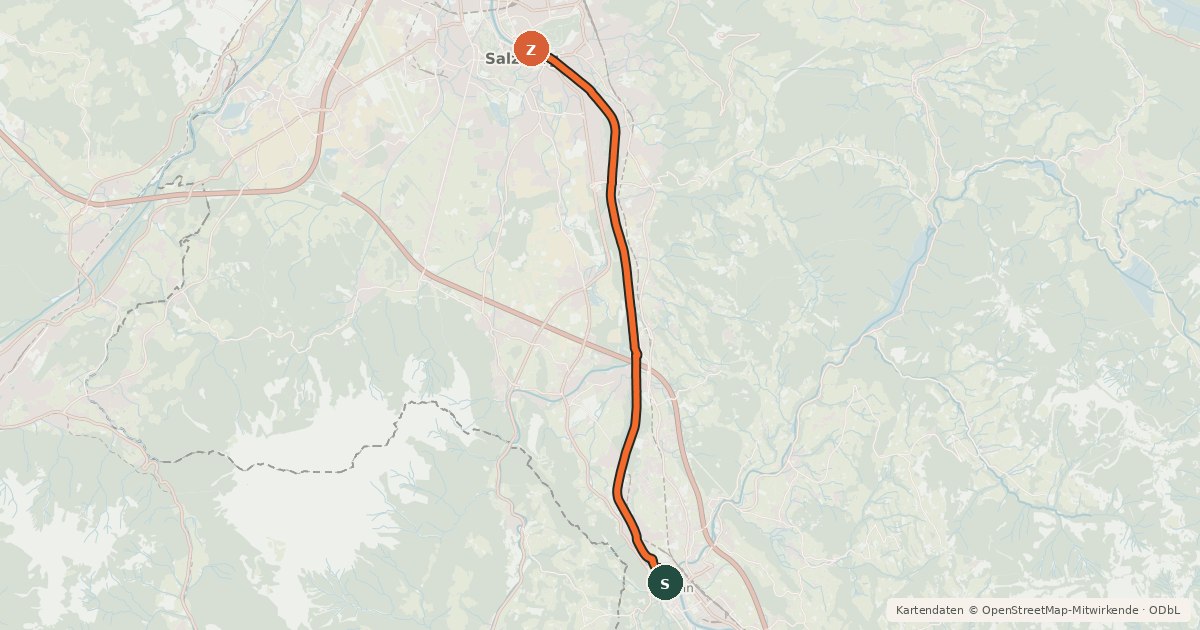 Kartenübersicht der Radroute Tauernradweg - Variante Salzburg rechtes Ufer