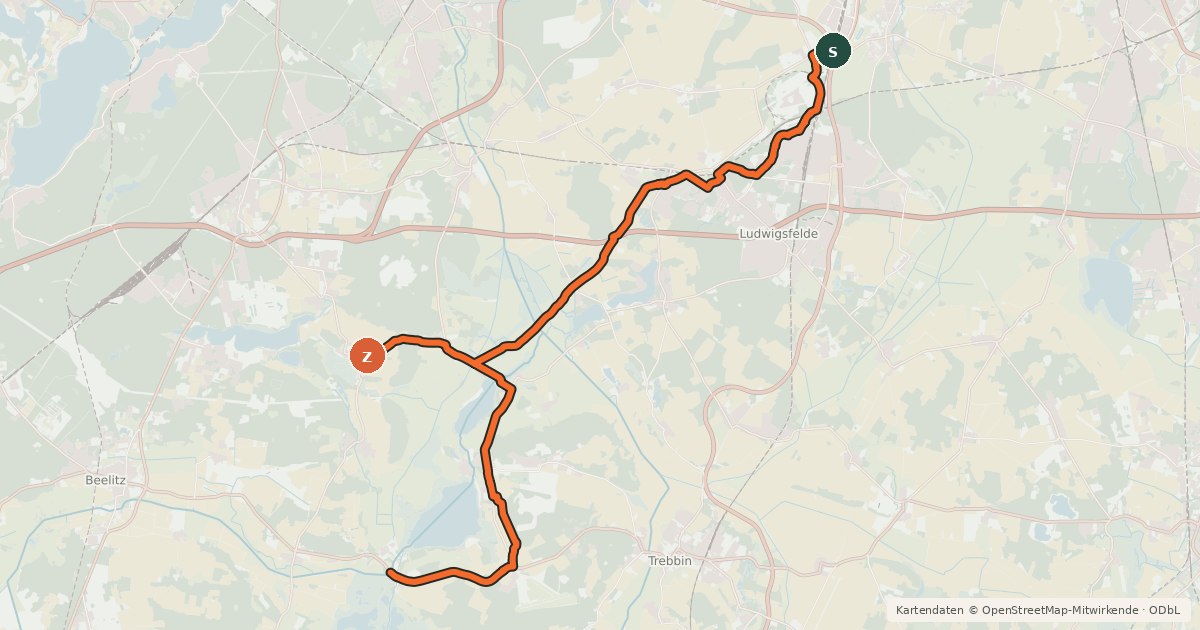 Kartenübersicht der Radroute Teltow-Nuthetal-Route