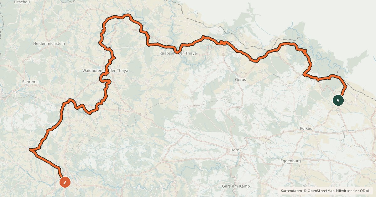 Kartenübersicht der Radroute Thayatal Radweg