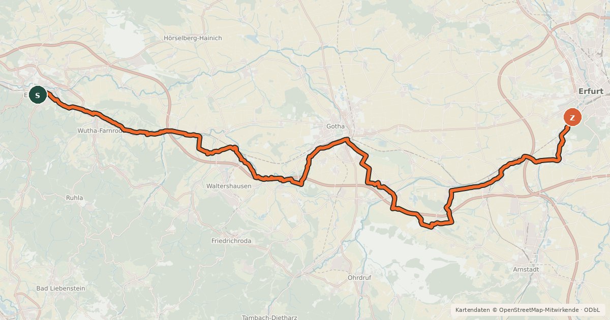 Kartenübersicht der Radroute Thüringer Städtekette Eisenach - Erfurt