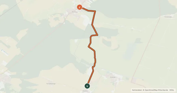 Kartenübersicht der Radroute 10-61 Gladau N-Parchen NO