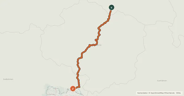 Kartenübersicht der Radroute 16 Hlinsko - Slavonice