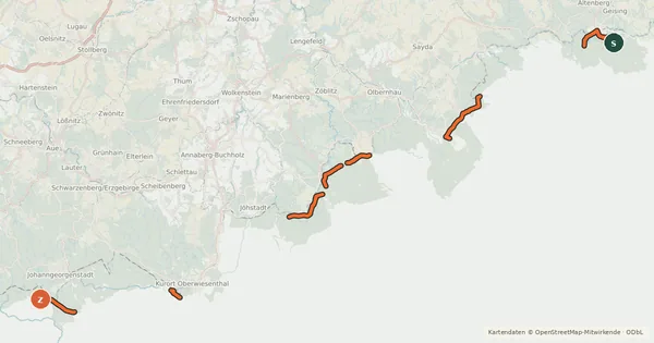 Kartenübersicht der Radroute 23 Děčín, Přípeř - Cheb, hráz Skalky