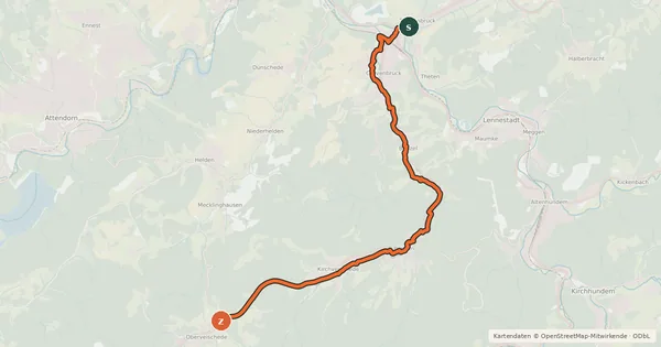 Kartenübersicht der Radroute (41) Lennestadt-Trockenbrück - (42) Olpe-Oberveischede