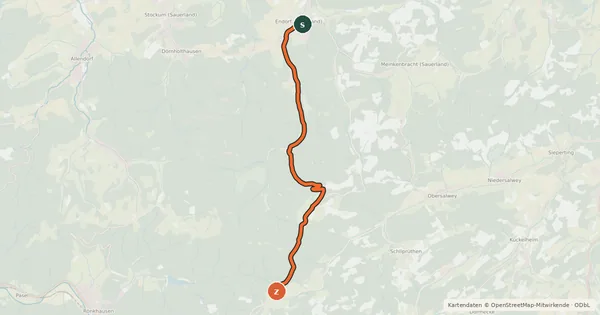 Kartenübersicht der Radroute (41) Sundern-Endorf - (53) Finnentrop-Faulebutter