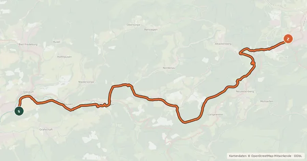 Kartenübersicht der Radroute (47) Schmallenberg-Ohlenbach - (57) Winterberg