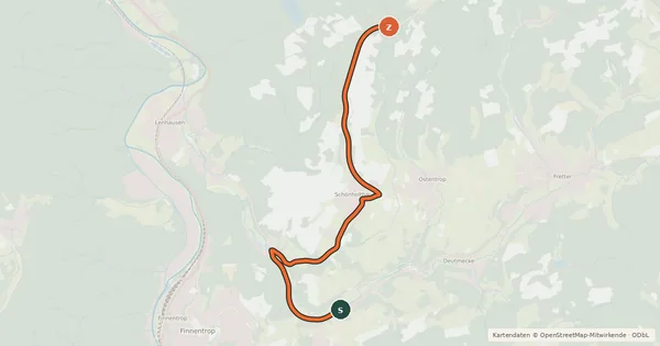 Kartenübersicht der Radroute (49) Finnentrop-Frettermühle - (52) Finnentrop-Glingestraße