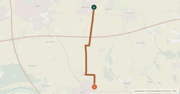 Kartenübersicht der Radroute (58) Werl-Westönnen - (78) Ense-Bremen