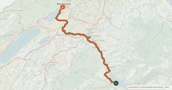 Kartenübersicht der Radroute Aare-Route