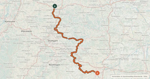 Kartenübersicht der Radroute Alb-Neckar-Radweg
