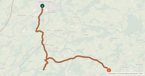 Kartenübersicht der Radroute Allgäuer Käsestraße - Großes KäseGlück