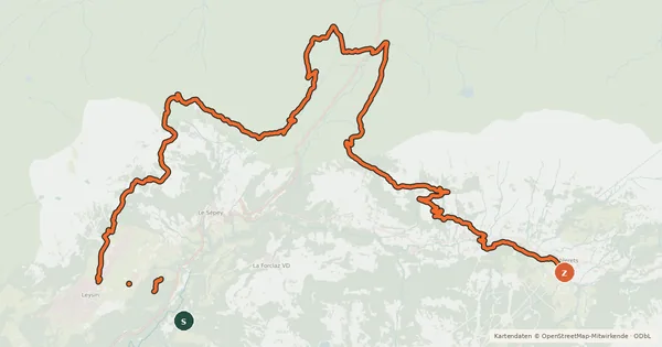 Kartenübersicht der Radroute Alpes de la Région du Léman Bike (Stage 1, Leysin - Les Diablerets)