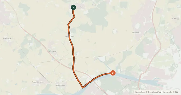 Kartenübersicht der Radroute Altenholz - Felm
