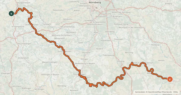 Kartenübersicht der Radroute Altmühltal-Radweg