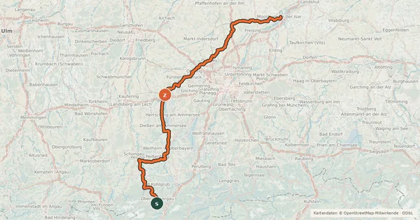 Kartenübersicht der Radroute Ammer-Amper-Radweg