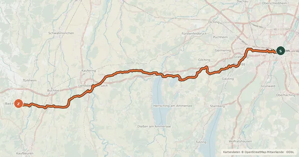 Kartenübersicht der Radroute Ammersee-Radweg