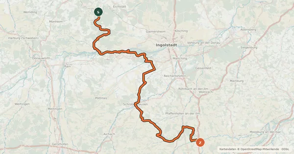 Kartenübersicht der Radroute Amper-Altmühl-Radweg