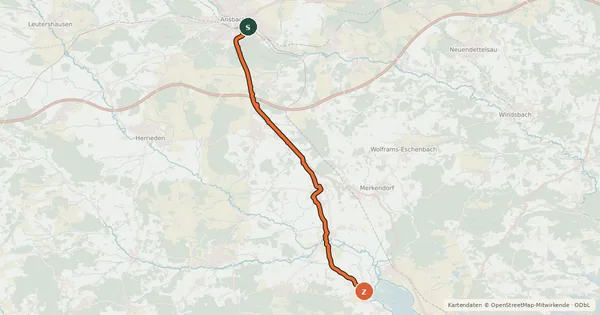Kartenübersicht der Radroute Ansbach - Altmühlsee