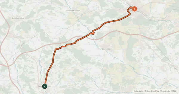 Kartenübersicht der Radroute Ansbach - Feuchtwangen