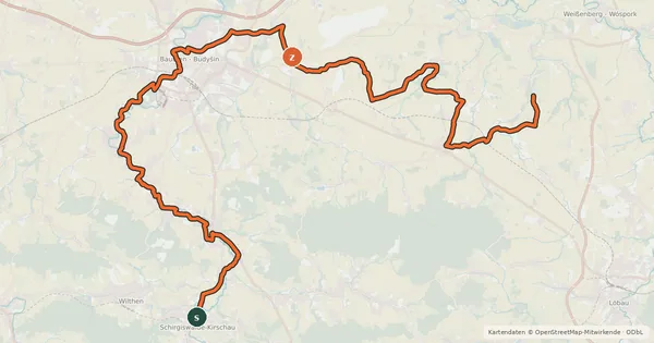 Kartenübersicht der Radroute Archäologischer Radwanderweg Lausitz Südroute