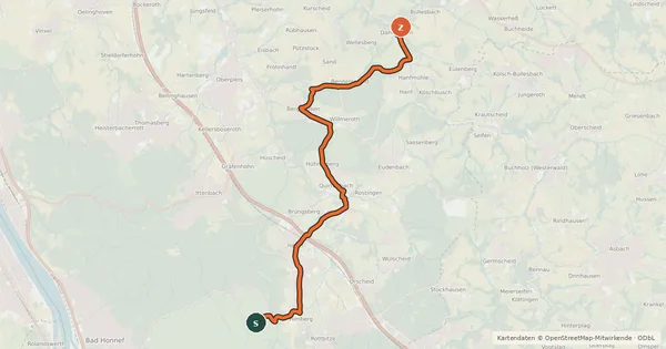 Kartenübersicht der Radroute Bad Honnef Himberg (11) - Hennef Dahlhausen (12)