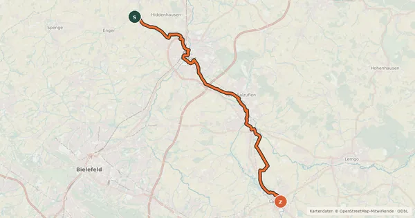 Kartenübersicht der Radroute BahnRadRoute Weser - Lippe (Alternativroute Herford)