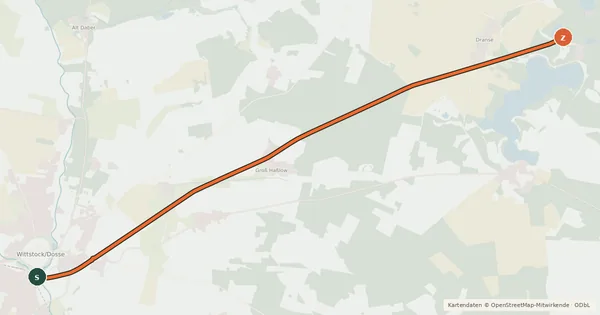 Kartenübersicht der Radroute Bahntrassenradeln Wittstock – Buschhof