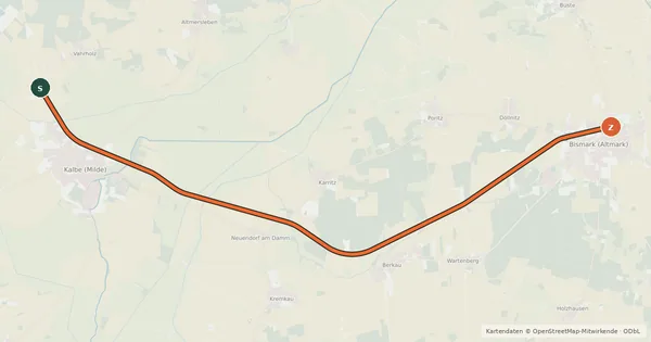 Kartenübersicht der Radroute Bahntrassenroute Kalbe-Bismark