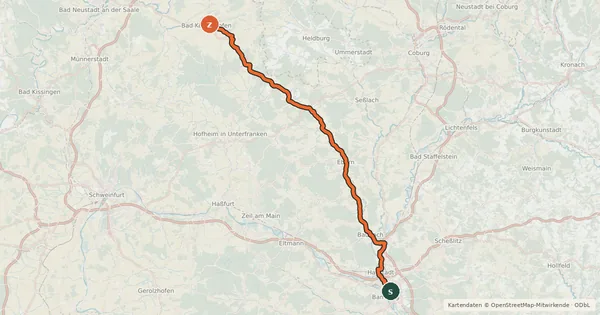 Kartenübersicht der Radroute Bamberg-Bad Königshofen