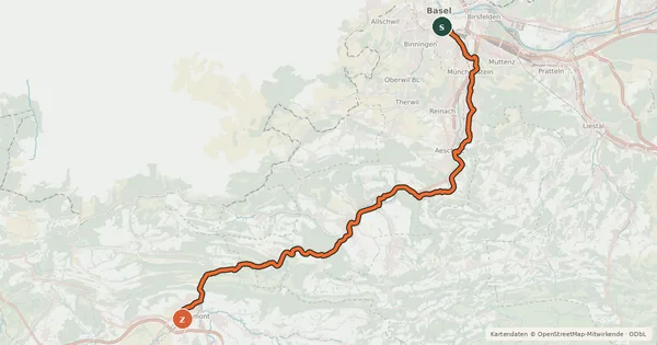 Kartenübersicht der Radroute Basel–Franches-Montagnes