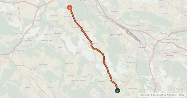 Kartenübersicht der Radroute Berikon-Fislisbach