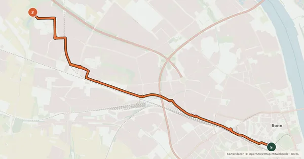 Kartenübersicht der Radroute Bonn (01) - Alfter (70)
