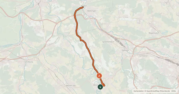 Kartenübersicht der Radroute Bremgarten - Fislisbach - Baden