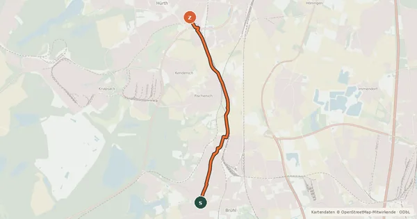 Kartenübersicht der Radroute Brühl (66) - Hürth (71)