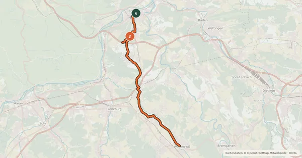 Kartenübersicht der Radroute Brugg-Othmarsingen-Wohlen