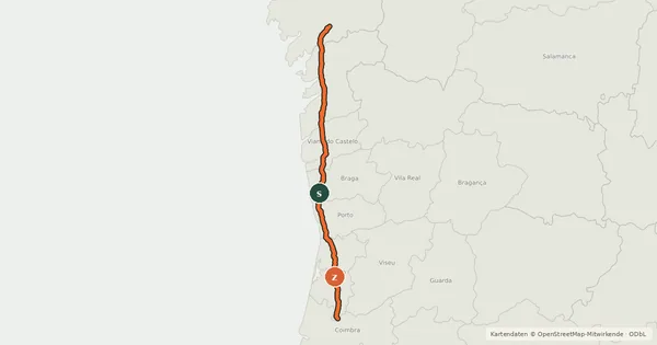 Kartenübersicht der Radroute Caminho Português de Santiago