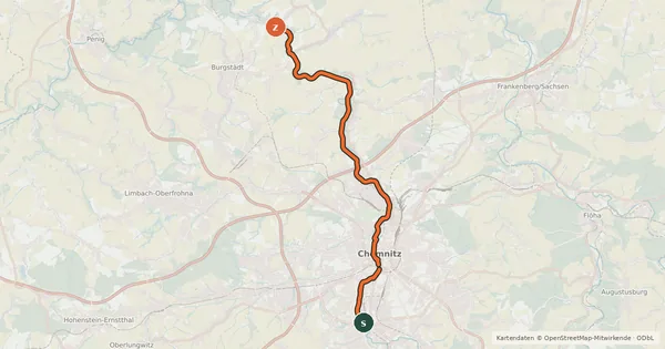 Kartenübersicht der Radroute Chemnitztalradweg