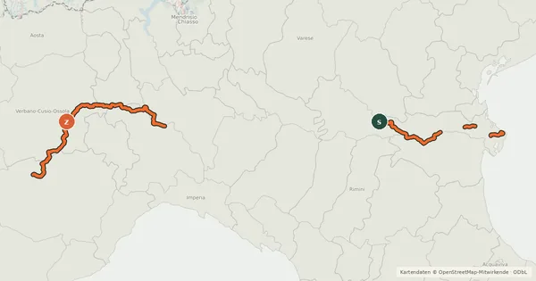 Kartenübersicht der Radroute Ciclovia del Po