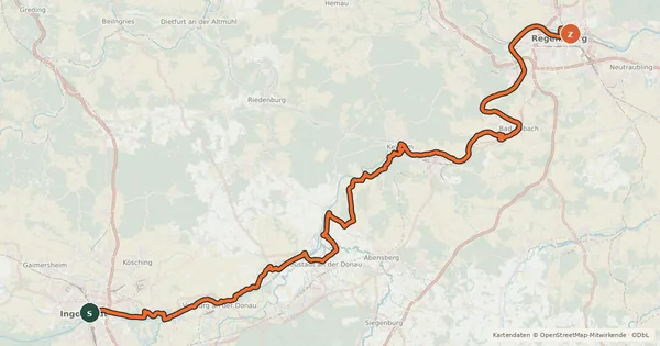 Kartenübersicht der Radroute D-Route 6 - Donauroute [Ingolstadt - Regensburg]
