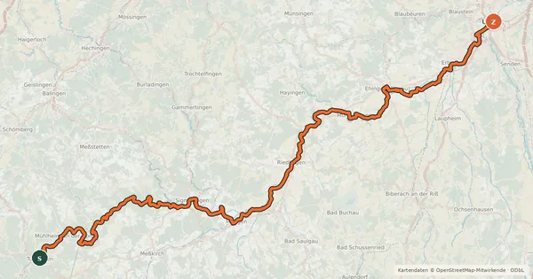 Kartenübersicht der Radroute D-Route 6 - Donauroute [Tuttlingen - Ulm]