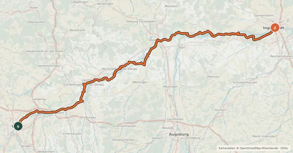Kartenübersicht der Radroute D-Route 6 - Donauroute [Ulm - Ingolstadt]