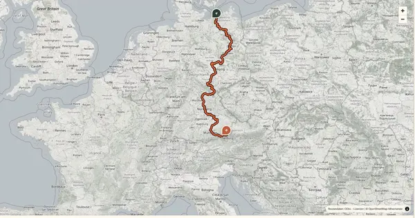 Kartenübersicht der Radroute Ostsee–Oberbayern D11 von Rostock bis Freilassing
