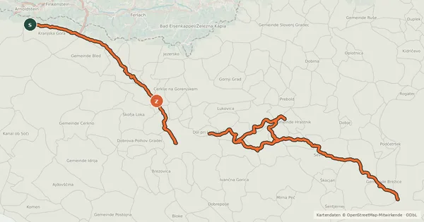 Kartenübersicht der Radroute D2 Rateče-Jesenice-Kranj-Ljubljana-Trbovlje-Brežice-državna meja (Savska kolesarska pot)