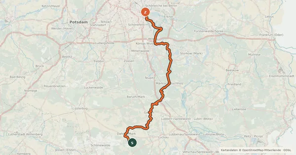 Kartenübersicht der Radroute Dahme Radweg
