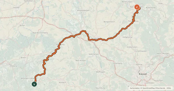 Kartenübersicht der Radroute Diemelradweg