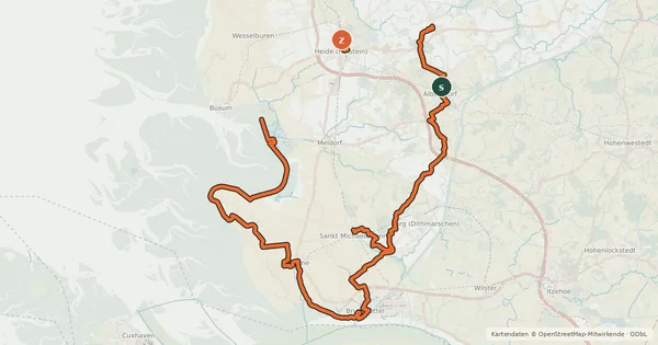 Kartenübersicht der Radroute Dithmarschen-Route